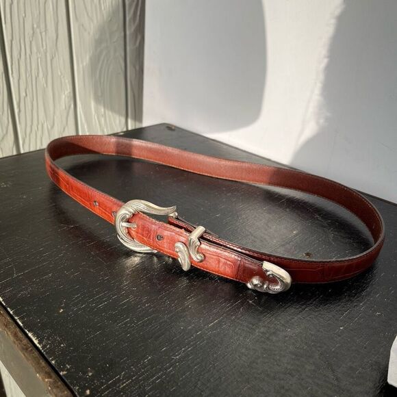 Vintage Croc Embossed Leather Belt 32.5–37" Western Silver Buckle - Picture 3 of 7